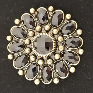 Vintage Signed Premier Design brass tone Black Daisy Rhinestone Clasp Pin Brooch